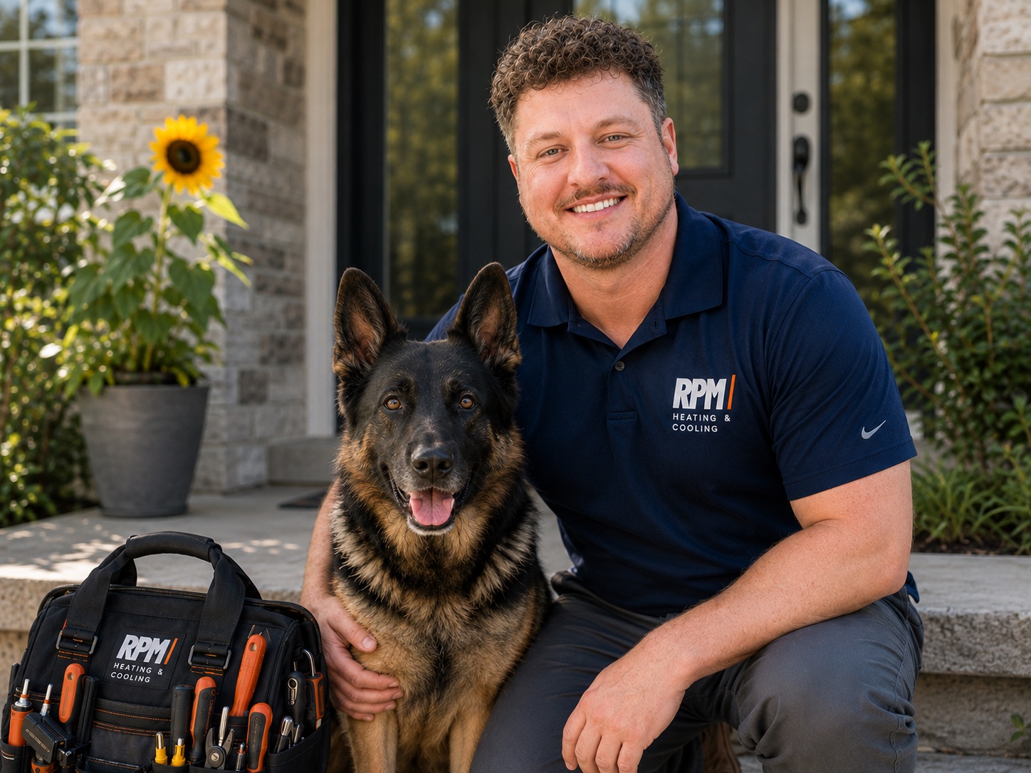 Ryan Piemonte with Bogey and an RPM tool bag beside a sunflower